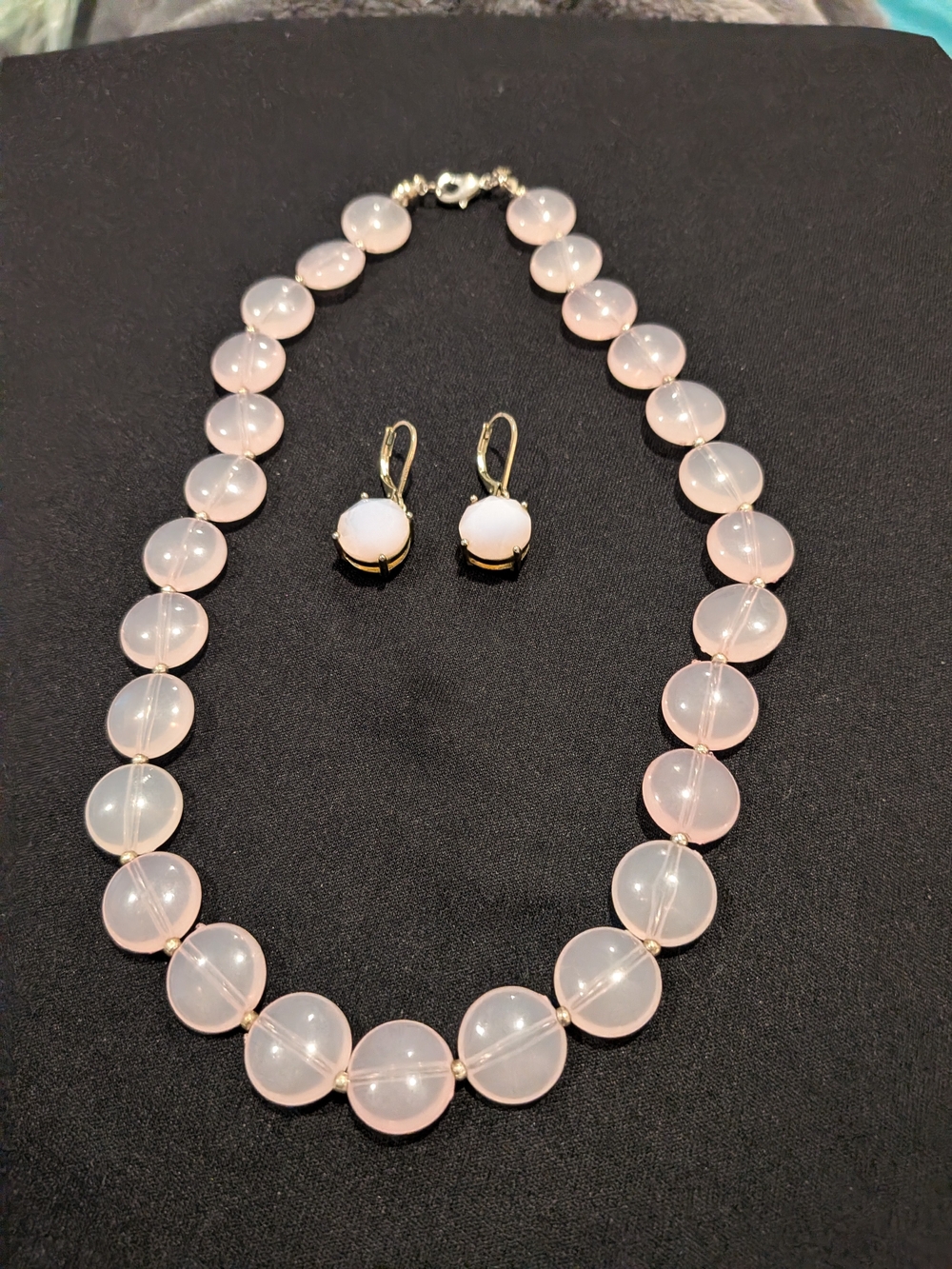 Rose Faux Quartz Bead Necklace8" and Earrings Set - Pink